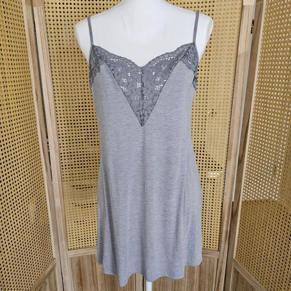 Victoria's Secret grey jersey fabric slip dress with lace detail Size L